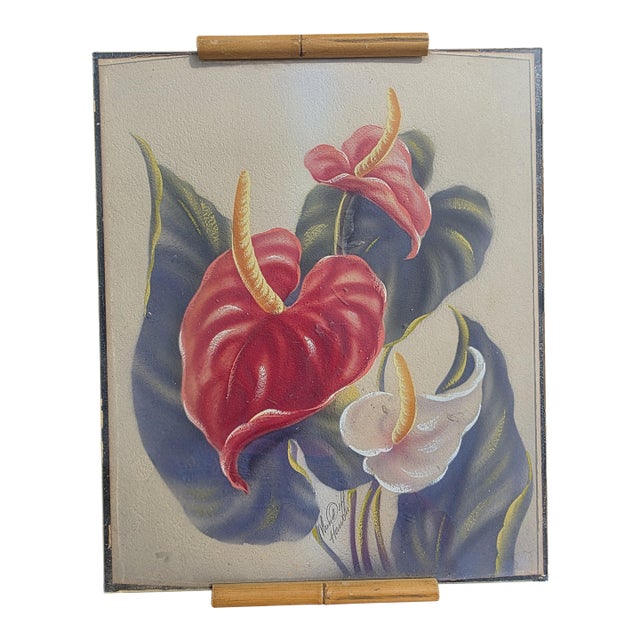 Ted Mundorff Vintage Floral Hawaiian Air Brush on Board Anthuriums 12 X 10 C1950 For Sale