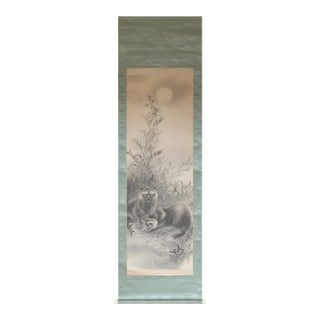 "Raccoons and the Moon", Taisho to Early Showa Era Japanese Ink Scroll Painting For Sale