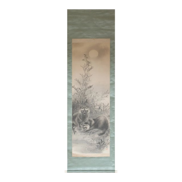 "Raccoons and the Moon", Taisho to Early Showa Era Japanese Ink Scroll Painting For Sale