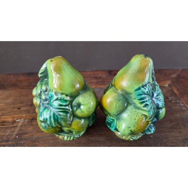 Green 1960s Inarco E2604 Green Majolica-Style Fruit Salt and Pepper Shakers — Pair For Sale - Image 8 of 14