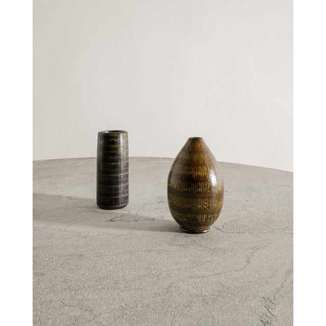 Mid-Century Swedish Brown Stoneware Cylinder Vase by Arthur Andersson for Wallåkra, 1940s For Sale - Image 3 of 6