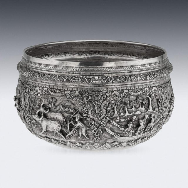 1910s Antique Burmese Repoussé Silver Jataka Tales Bowl, 1910 For Sale - Image 5 of 18