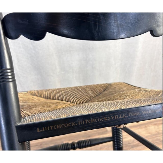 Vintage L. Hitchcock French Country Black Turtle Back Rush Seat Chair Stenciled For Sale In Los Angeles - Image 6 of 17