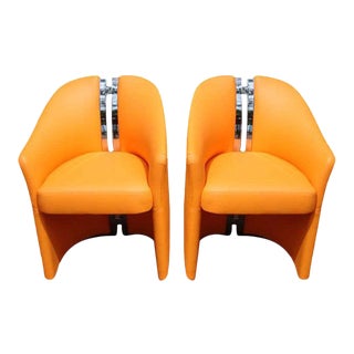 "H" Spine Back Side Chairs in Orange Leather - a Pair For Sale