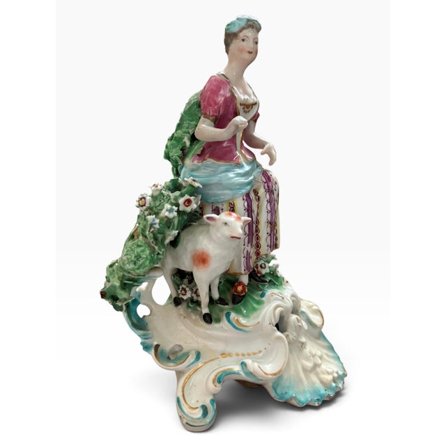 Antique Chelsea-Derby Style Porcelain Shepherdess With Lamb, Incised N Mark For Sale - Image 4 of 8
