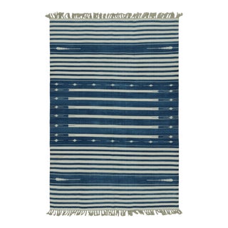 1960s Rug & Kilim’s Contemporary Dhurrie Rug With White and Blue Stripes For Sale