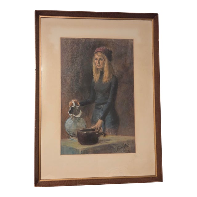 1960s "Lady With Pitcher" Oil Pastel Portrait, by Sylvia Judkins For Sale