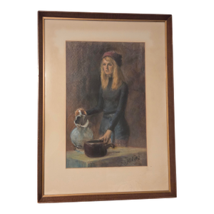 1960s "Lady With Pitcher" Oil Pastel Portrait, by Sylvia Judkins