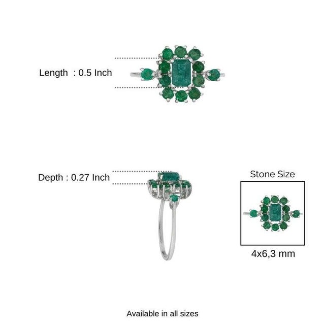 Vintage Style Emerald and Diamond Cluster Ring in Silver, Size 8.5 For Sale - Image 12 of 14