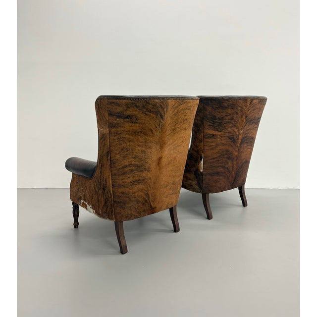 Contemporary Vintage Bernhardt Leather and Cowhide Wingback Chairs - Pair For Sale - Image 3 of 8