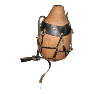 Vintage Handcrafted Gourd Canteen With Leather Harness – Rustic Primitive Decor For Sale