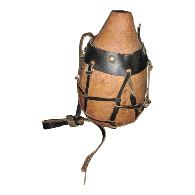 Vintage Handcrafted Gourd Canteen With Leather Harness – Rustic Primitive Decor For Sale