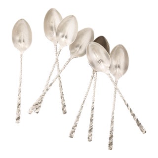 Set of 8 Arts & Crafts Sterling Silver Tea Spoons Signed Whiting Manufacturing For Sale