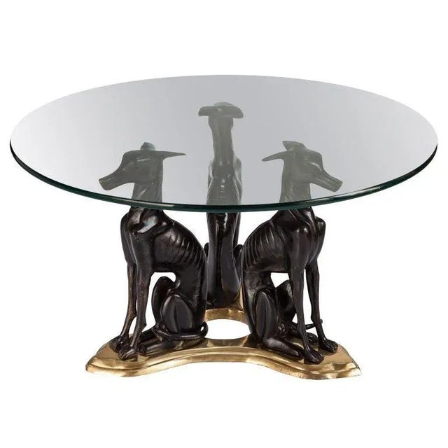 Art Deco Mid-Century Maitland-Smith Italian Bronze Whippets Greyhounds Dog Art Deco Style Brass Trefoil Base Cocktail Table For Sale - Image 3 of 3