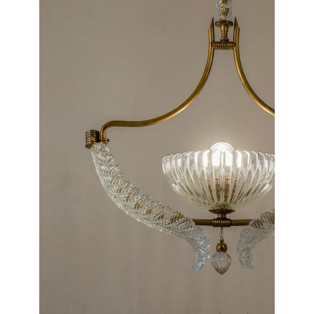 Gold Vintage Italian Art Deco Brass Chandelier with Glass Leaves attributed to Ercole Barovier for Barovier&Toso, 1940s For Sale - Image 8 of 14