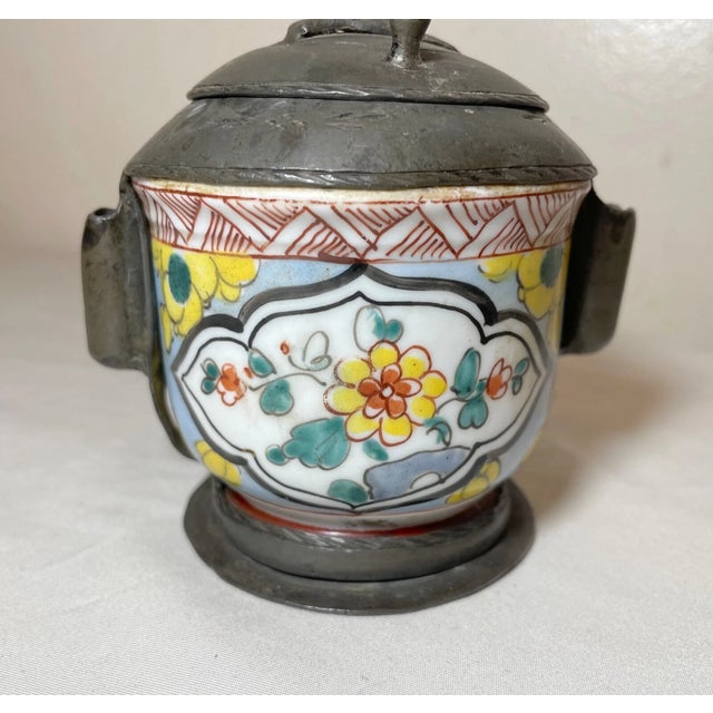 Rare Antique 18th Century French Pewter Porcelain Writing Inkwell Jar Stand For Sale In New York - Image 6 of 11