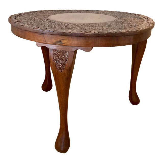 Mid 20th-Century Hand Carved Shells & Foliates Teak Accent Table, Indonesia For Sale
