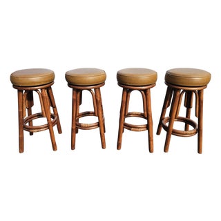 Set of Four Mid Century Bamboo Swivel Bar Stools For Sale