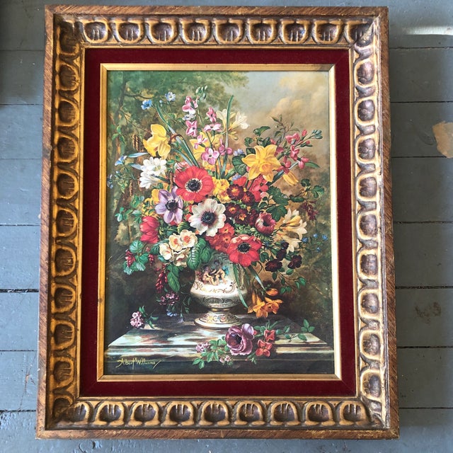 Textile Original Vintage Floral Still Life Print Vintage Original Frame Red Velvet Liner For Sale - Image 7 of 7