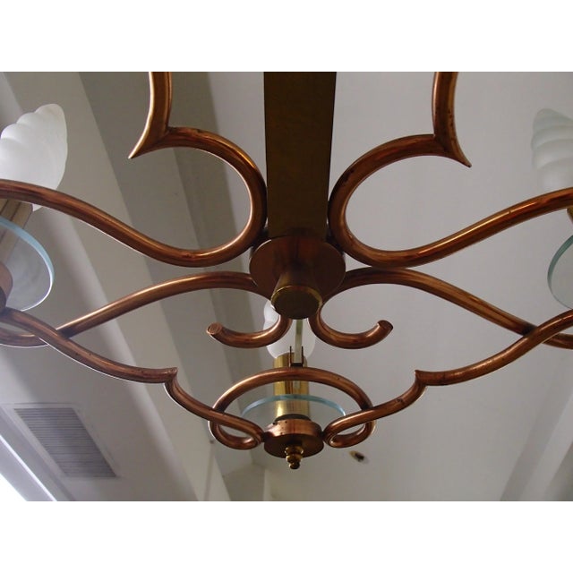 Large Art Deco Brass, Copper & Bricked Glass 8-Flame Ceiling Lamp, 1940s, in Very Good conditions. Designed 1920 to 1949...