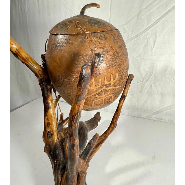 Chinese Lanzhou Gourd Carving With Macrame Cord on Root Stand Sculpture. For Sale In West Palm - Image 6 of 13
