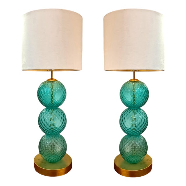 Blue Murano Glass Sphere Table Lamps, 1980s, Set of 2 For Sale