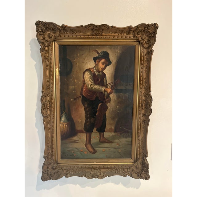 Traditional Antique European Oil Painting of Young Violinist in Ornate Carved Frame, Circa 1900 For Sale - Image 3 of 12
