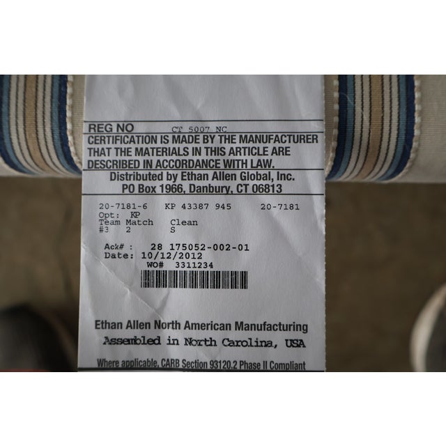 Ethan Allen Custom Camelback Sofa in Dimensional Woven Blue & Ivory Stripe For Sale - Image 16 of 18