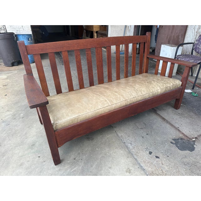 Antique Stickley Brothers Grand Rapids Mission Oak Settee With New Pullup Leather Seat Upholstery - Circa 1900 For Sale - Image 10 of 10