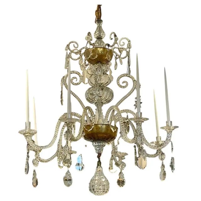 18th century Italian chandelier. All original elements. 8 light. Hand blown throughout. Large size. Impressive. Candle now...