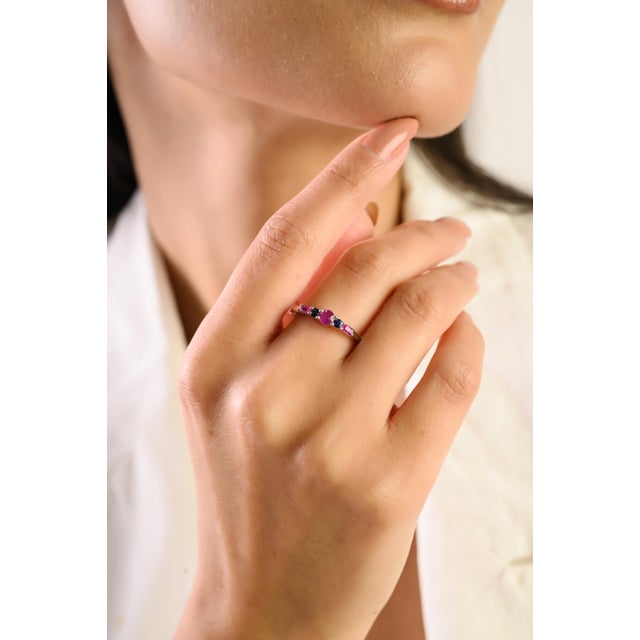 14k White Gold Ruby & Sapphire Five Stone Stackable Band Ring Size 7 For Sale - Image 4 of 14