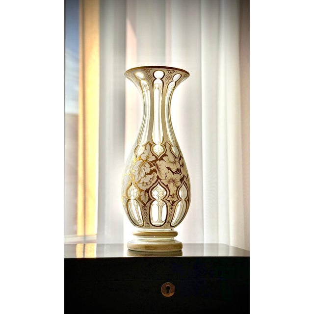 Boho Chic Antique Bohemian White Overlay Gilded Glass Vase, 1800s For Sale - Image 3 of 18