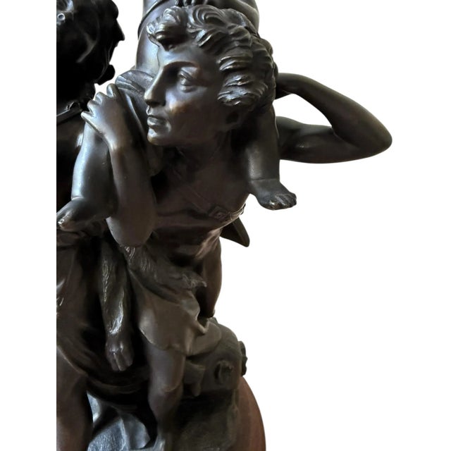 Metal French Rococo Continental Bronze Statue After Clodion Faun Family. Sits on a Red Marble Stand For Sale - Image 7 of 12