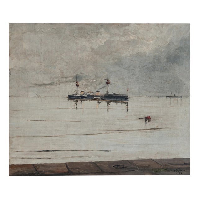 Spanish Pelayo Steam Warship, 1890s-1910s, Oil on Canvas For Sale