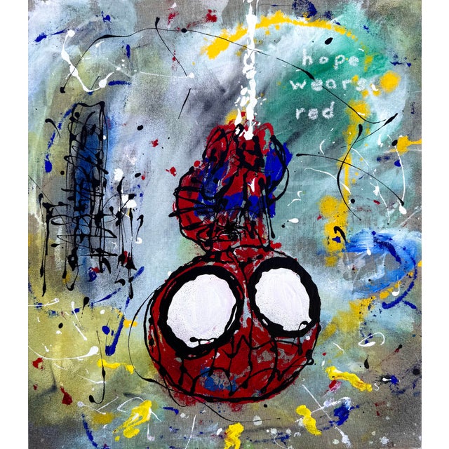 Nobody Wears Red Forever - Original Contemporary Superhero Pop Art Acrylic and Oil Stick Painting on Canvas For Sale - Image 4 of 9
