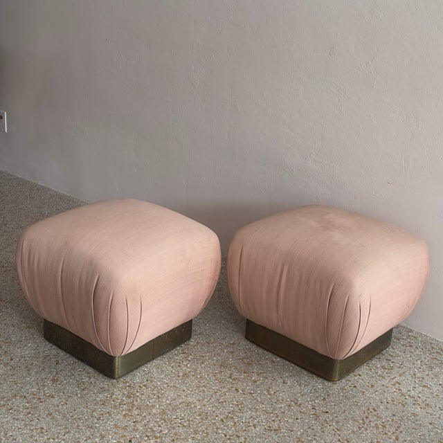 1980s Blush-Upholstered Brass-Based Soufflé Ottoman Poufs by Marge Carson Circa 1986 - A Pair For Sale - Image 5 of 12
