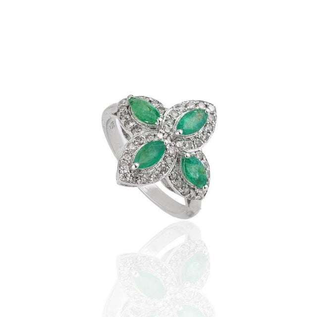 Not Yet Made - Made To Order 925 Sterling Silver Floral Clover Cocktail Emerald & Diamond Ring, Size 7 For Sale - Image 5 of 12