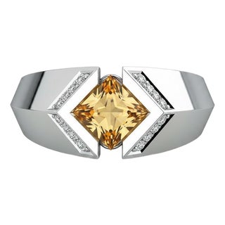 Square-Cut Citrine Architectural Silver Cocktail Ring, Size 7.5 For Sale