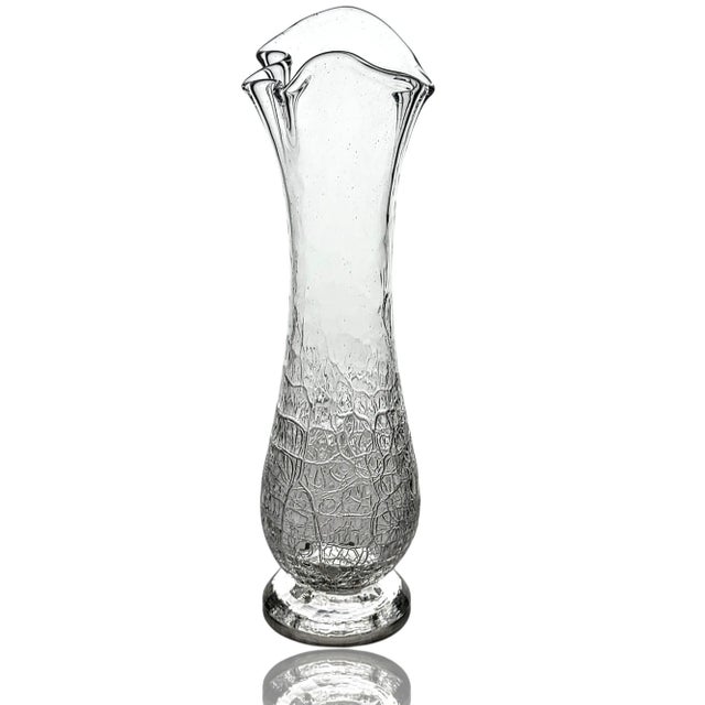 Transparent Hand Blown Studio Art Glass Sprung Crackle Vase - Clear and Signed "G" 1993 For Sale - Image 8 of 11