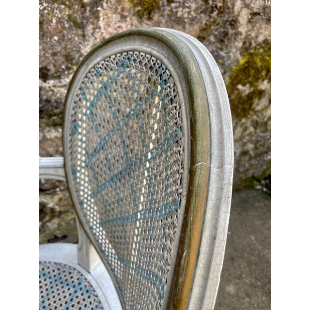 Louis XVI Style Caned Medallion Armchair in White and Blue, 1950s For Sale - Image 4 of 12