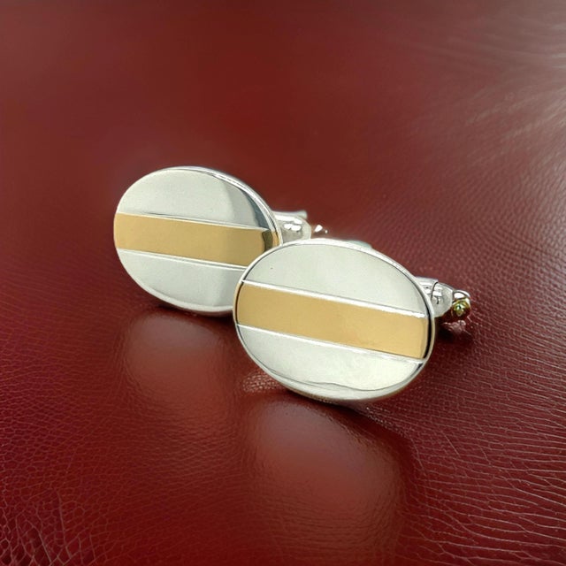 1990s Tiffany & Co Authentic Estate Oval Cufflinks 18k YG + Sterling Silver, 2 Pieces For Sale - Image 10 of 12