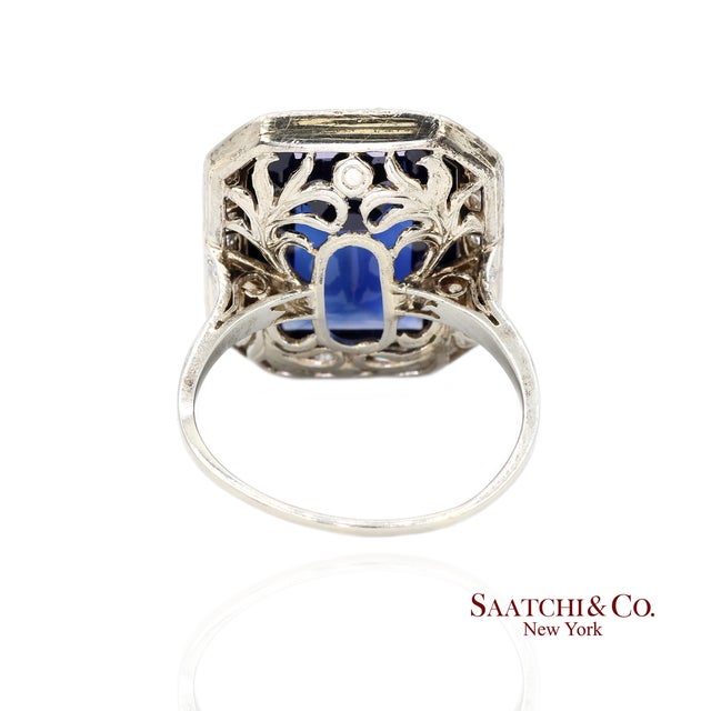 Vintage 18k White Gold Synthetic Sapphire and Natural Diamond Milgrain Ring, Size 8 For Sale - Image 4 of 8