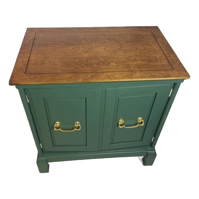 1990s Refinished Olive Green Solid Wood Accent Cabinet With Walnut Top For Sale