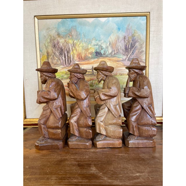 1970s Vintage Hand-Carved Wood Folk Art Musician Figurines, Set of 4 Seated Players For Sale - Image 5 of 11
