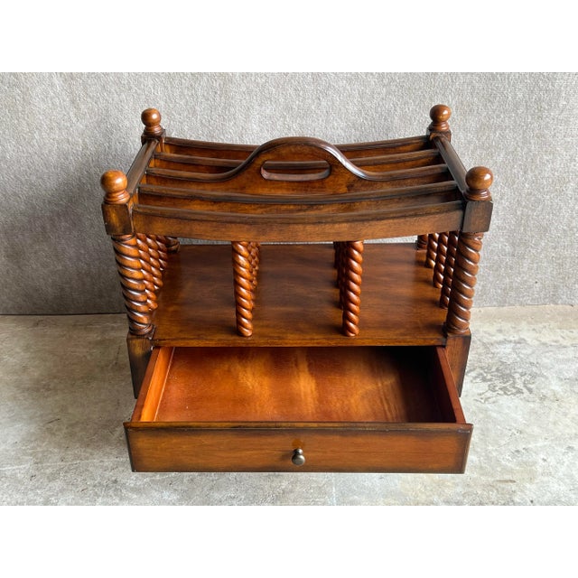 Vintage English Canterbury Barley Twist Wooden Magazine Rack on Metal Casters For Sale - Image 4 of 12