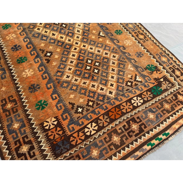 Tan Antique Afghan Hand-Woven Ghelmori Kilim Rug | Flatweave Wool Tribal Geometric Rug For Sale - Image 8 of 11