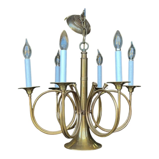 English English Hunt Equestrian Style French Brass Horn Chandelier Att. To Chapman - 6 Arm For Sale - Image 3 of 5