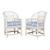 Mid-Century White Washed Chippendale Brighton Style Bamboo Arm Chairs - Pair For Sale