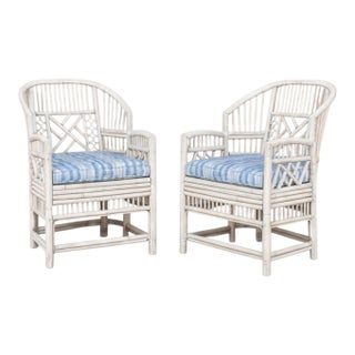 Mid-Century White Washed Chippendale Brighton Style Bamboo Arm Chairs - Pair For Sale