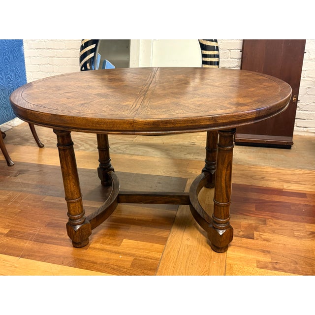 Wood Century Furniture Vintage French Provincial Oak Parquet Extension Dining Table + Chairs, Set For Sale - Image 7 of 12
